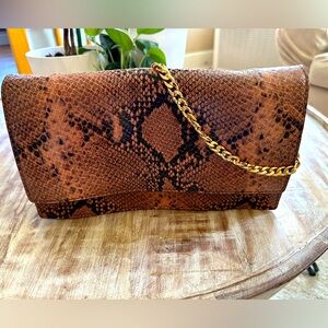 Ann Taylor Leather Snakeskin Clutch with chain